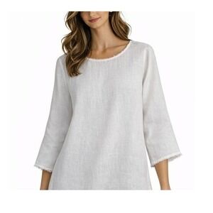 J. Jill Love Linen White Tunic Top Fringe Trim Bell Sleeve 100% Linen XS 155301
